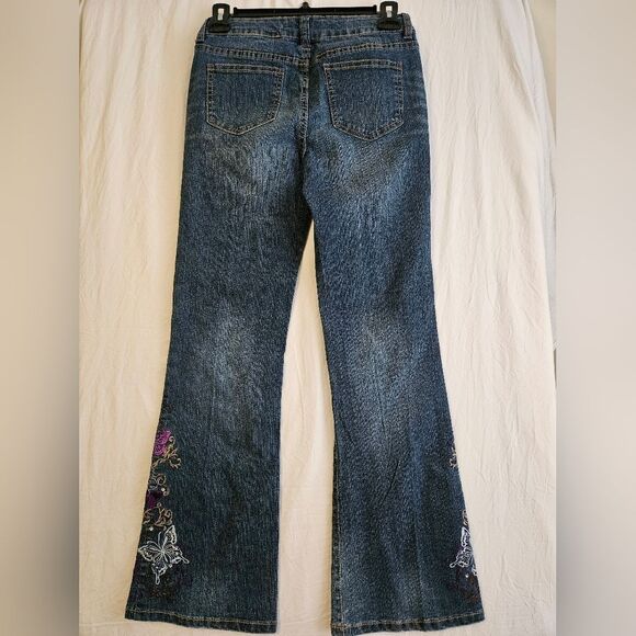 Route 66 Jeans Girl's Sz 12 (26x28) Low Rise Flare Dark Wash Floral Embroidered - Picture 9 of 10